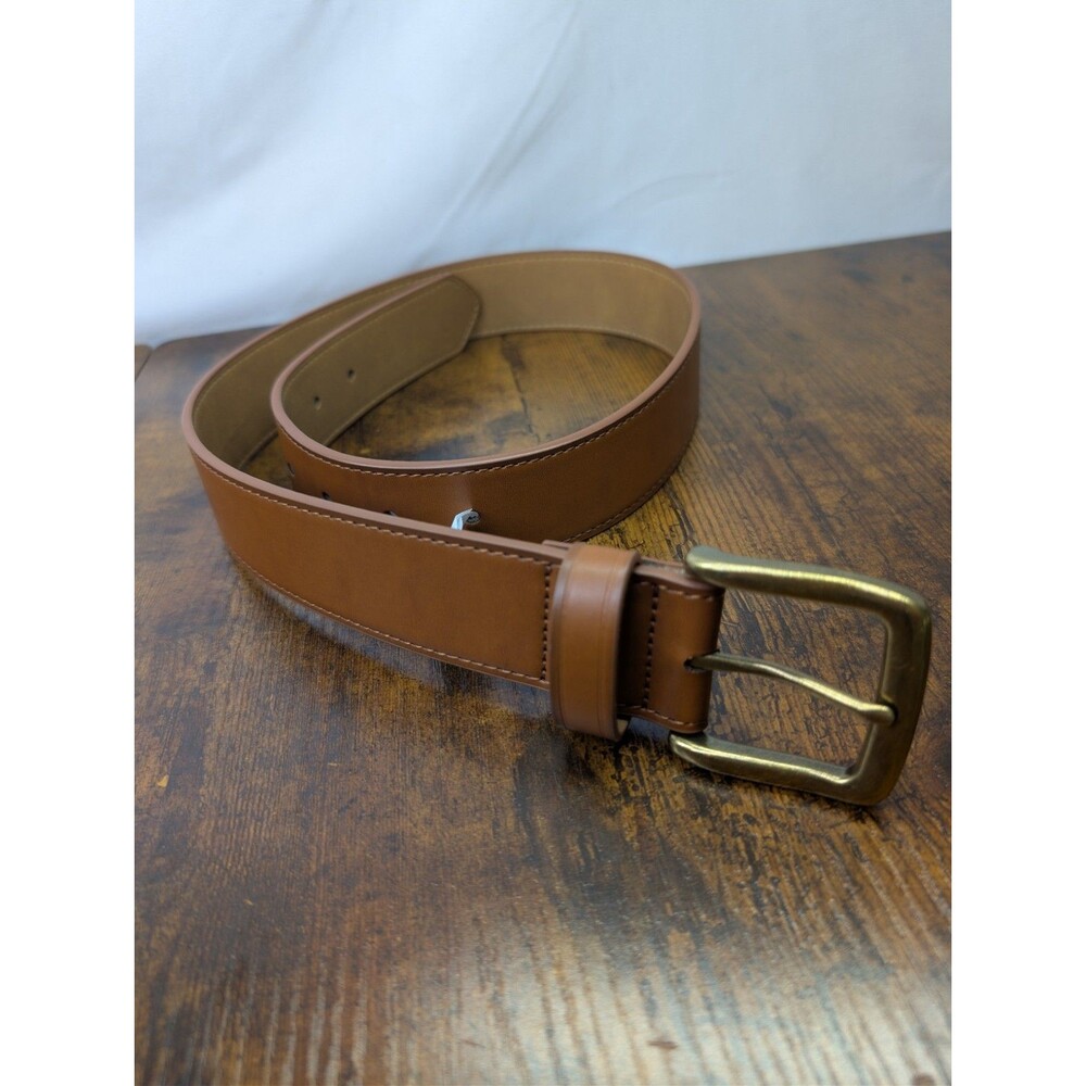 Amazon Essentials Men's Brown Leather Belt Size 30 Classic Stitch Antique Brass